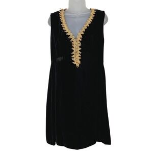 Vintage Black Velvet Dress Gold Trim V Neck Sleeveless Sheath Knee 36" Bust Boho